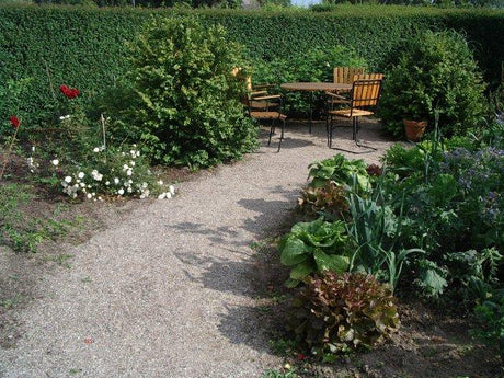Singelgång i trädgård som illustrerar materialval och design i trädgårdsplanering – grusgång med natursten och trä; balans mellan hårda och mjuka material för hållbar stil.