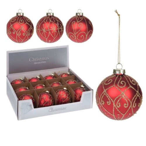 Julgranskula 8cm 'Red With Gold Glitter' 12-p