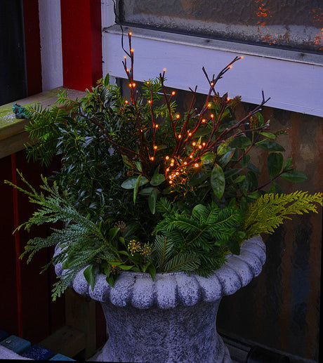 Adventsdekoration med vintergröna kvistar – stilfullt utomhuspynt vid entrén till första advent, inspirerat av kransbindning, mossa och vinteräpplen.