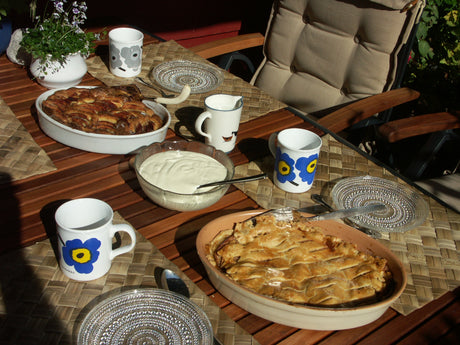 Farmors äppelkaka – klassisk svensk äppelkaka med äppelskivor och kanel, saftig och gyllenbrun, bakad på smör, socker, ägg och dinkelmjöl; serveras gärna med vaniljsås.