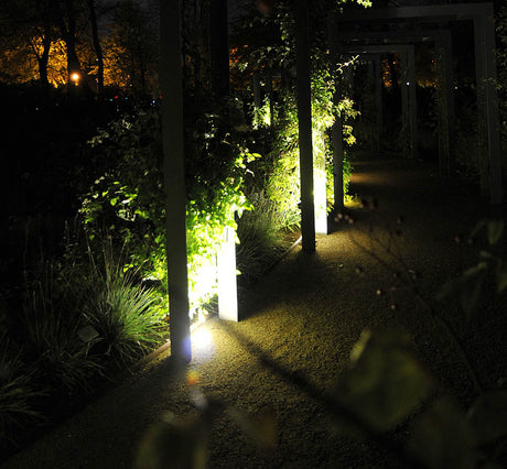 Trädgårdsbelysning med gångbelysning: varmvitt ljus från markarmaturer och spotlights som markerar gång och träd; LED/solcellsbelysning och ljusslingor för säker, mysig utemiljö.