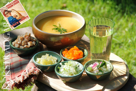 Skål med gul gazpacho av trädgårdens gula tomater – recept av Tyra Hallsénius-Lindhe på KÖKSTRÄDGÅRDEN (Odla.nu); somriga smaker, bevara tomatskörden och odlingstips.