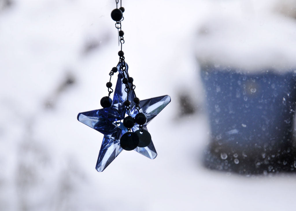 Vit juldekoration med blå stjärna i december; symbol för vintersolstånd och ljusare tider, advent och Lucia, med vita vinterblommor (amaryllis, hyacinter, julros), ljusslingor, islyktor och vintergröna växter i trädgården inför jul och nyår.