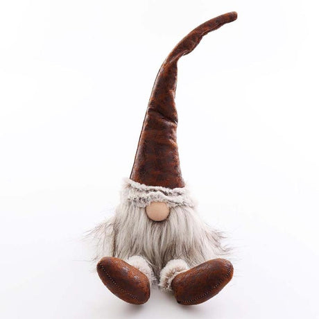 Tomte sittandes brun skinnluva