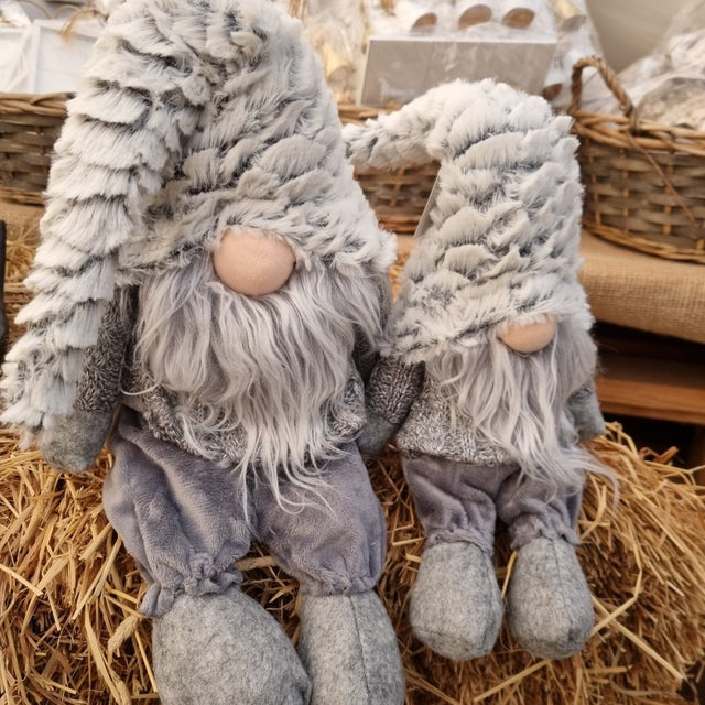 Tomte med luva sittande Grå/Vit Stor