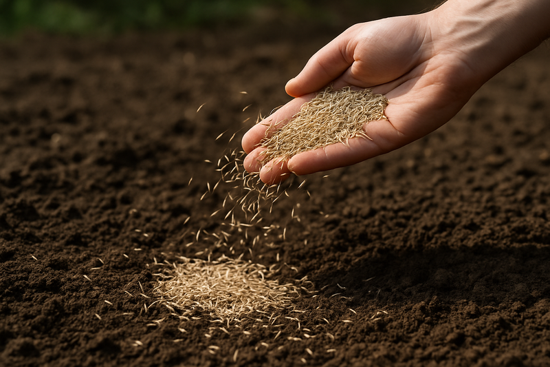 Image with grass seeds being thrown on the ground